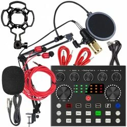 Vendora KIT Πυκνωτικό Μικρόφωνο MB-800, με κάρτα ήχου V8Sj, με Βάση, Shock Mount, Pop Filter και ακουστικά